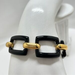Vintage Black Enamel And Gold Rectangular Link Bracelet, 7.5”, High Quality